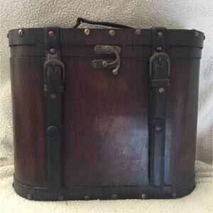 Vintage Wooden, Leather, Brads, Box Case Dark Wood With Handle